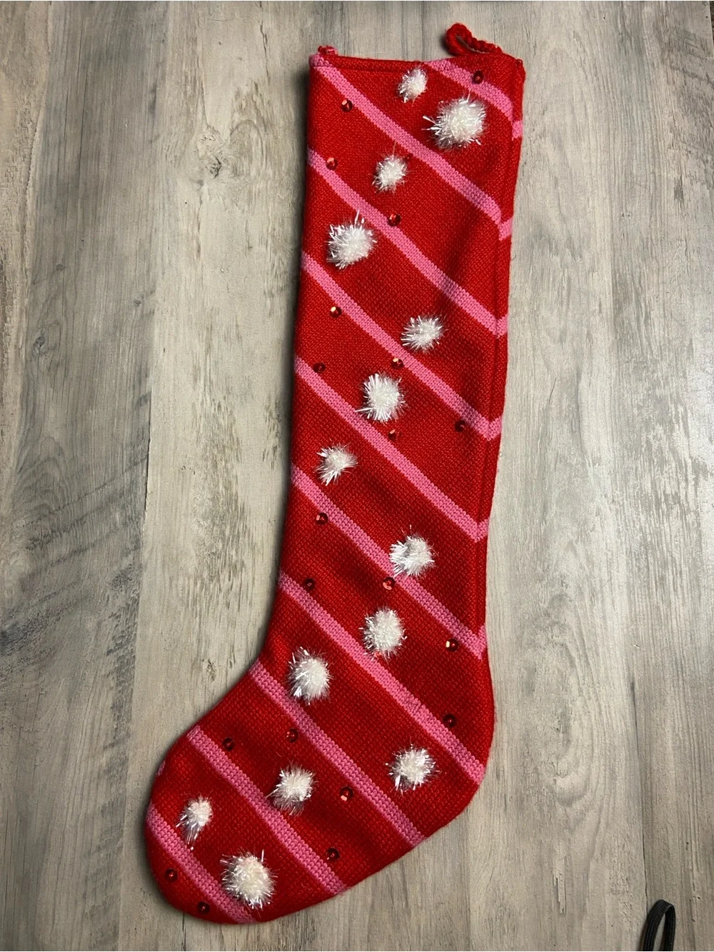 Red Pink Striped Holiday Stocking with Pom Poms‎ and sequins